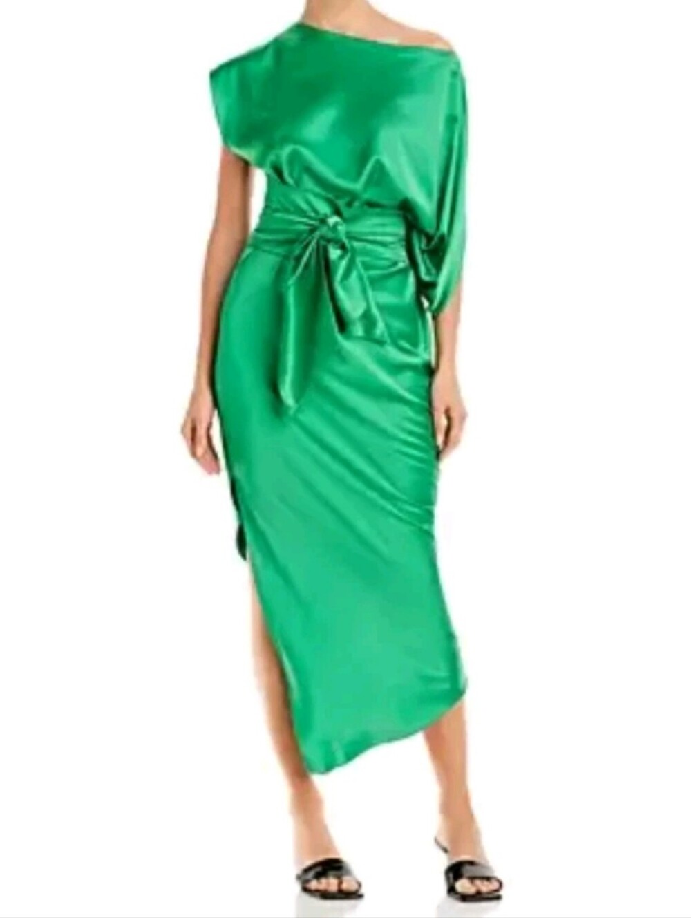 NWT Just Bee Queen Mariah Sz XS Satin Midi Dress Emerald Resortwear Luxury Flaw